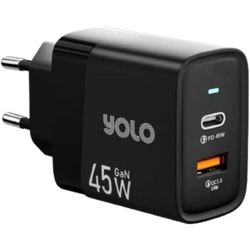Yolo 45W Dual Port USB-A + Type-C GaN Charger Black‚Äì Y-451 Price in Pakistan