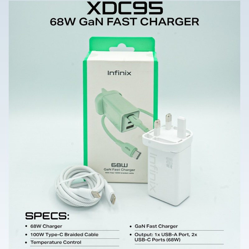 Infinix 68W GaN Charger with 100W Type-C Braided Cable  XDC95 Kit Price in Pakistan